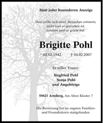 Traueranzeige von Brigitte Pohl von Tageszeitung