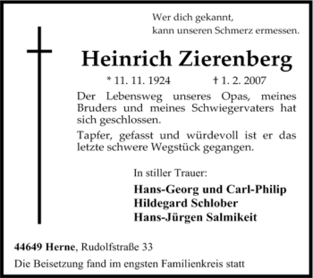 Traueranzeige von Heinrich Zierenberg von Tageszeitung