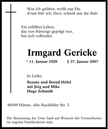 Traueranzeige von Irmgard Gericke von Tageszeitung