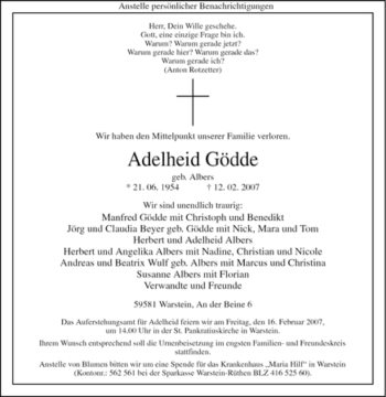 Traueranzeige von Adelheid Gödde von Tageszeitung