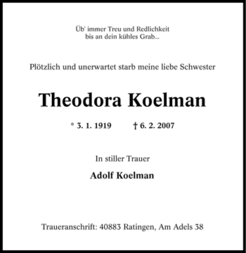 Traueranzeige von Theodora Koelman von Tageszeitung