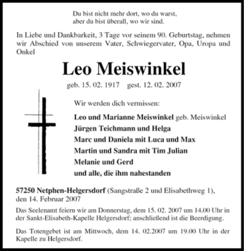 Traueranzeige von Leo Meiswinkel von Tageszeitung