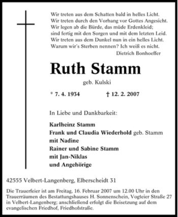 Traueranzeige von Ruth Stamm von Tageszeitung