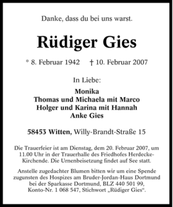 Traueranzeige von Rüdiger Gies von Tageszeitung