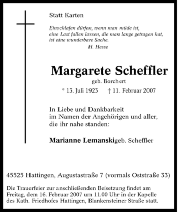 Traueranzeige von Margarete Scheffler von Tageszeitung