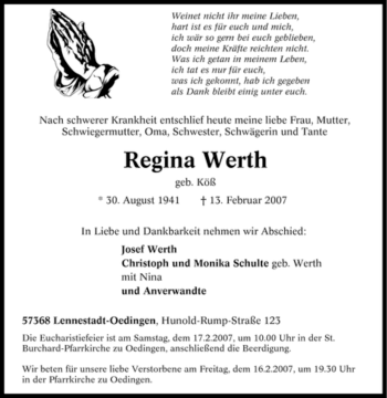 Traueranzeige von Regina Werth von Tageszeitung