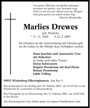 Traueranzeige von Marlies Drewes von Tageszeitung