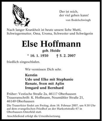 Traueranzeige von Else Hoffmann von Tageszeitung