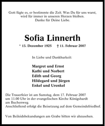 Traueranzeige von Sofia Linnerth von Tageszeitung