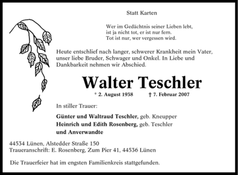  Traueranzeige für Walter Teschler vom 14.02.2007 aus Tageszeitung