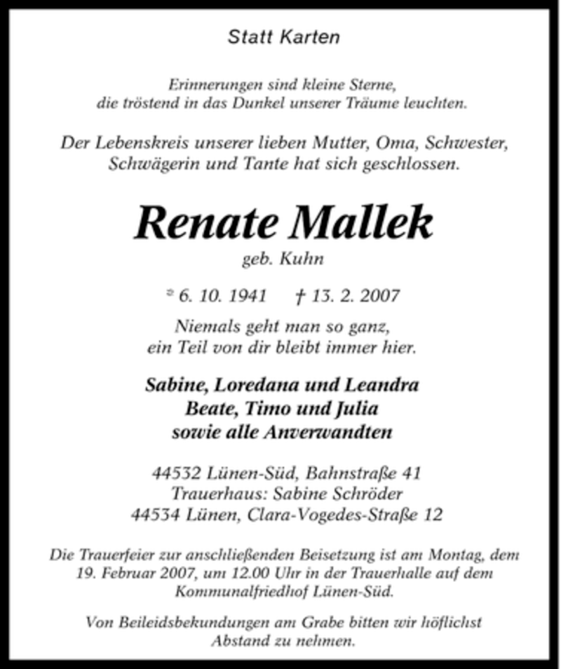  Traueranzeige für Renate Mallek vom 14.02.2007 aus Tageszeitung