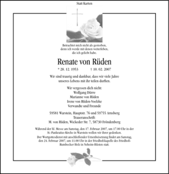 Traueranzeige von Renate von Rüden von Tageszeitung