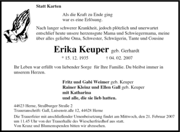 Traueranzeige von Erika Keuper von Tageszeitung