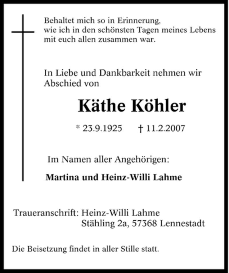  Traueranzeige für Käthe Köhler vom 14.02.2007 aus Tageszeitung