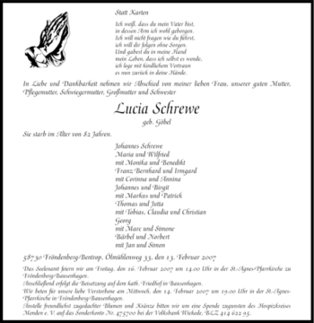 Traueranzeige von Lucia Schrewe von Tageszeitung