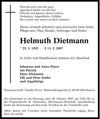 Traueranzeige von Helmuth Dietmann von Tageszeitung