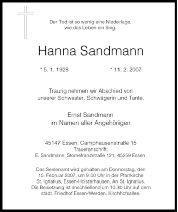 Traueranzeige von Hanna Sandmann von Tageszeitung