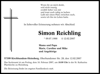 Traueranzeige von Simon Reichling von Tageszeitung