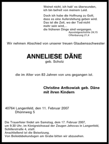Traueranzeige von Anneliese Dank von Tageszeitung