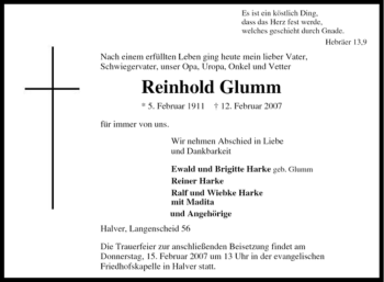 Traueranzeige von Reinhold Glumm von Tageszeitung
