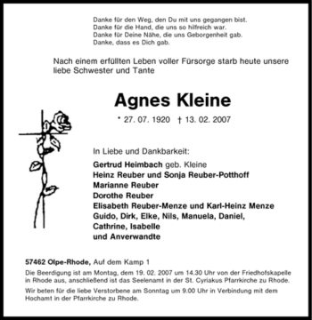 Traueranzeige von Agnes Kleine von Tageszeitung