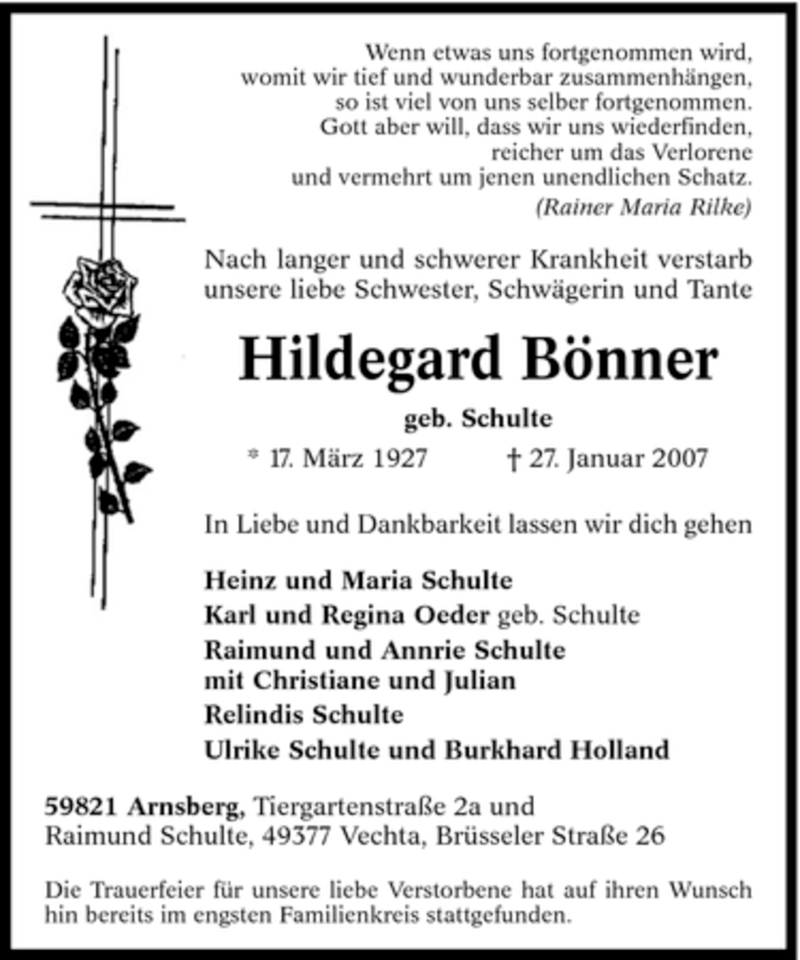  Traueranzeige für Hildegard Bönner vom 14.02.2007 aus Tageszeitung