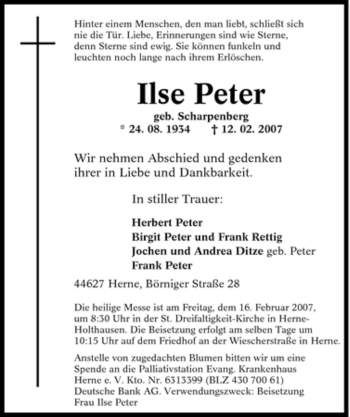 Traueranzeige von Ilse Peter von Tageszeitung