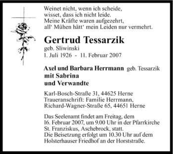 Traueranzeige von Gertrud Tessarzik von Tageszeitung