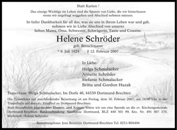 Traueranzeige von Helene Schröder von Tageszeitung