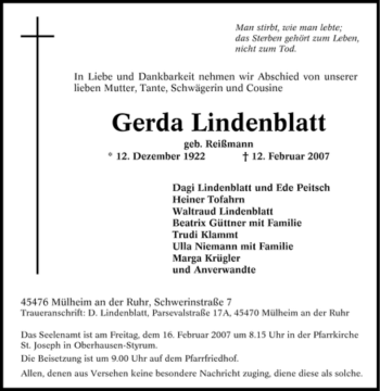 Traueranzeige von Gerda Lindenblatt von Tageszeitung