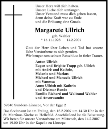 Traueranzeige von Margarete Ullrich von Tageszeitung