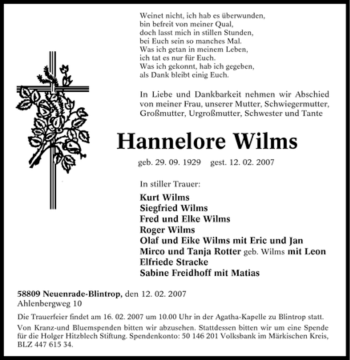 Traueranzeige von Hannelore Wilms von Tageszeitung