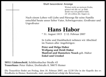 Traueranzeige von Hans Habor von Tageszeitung