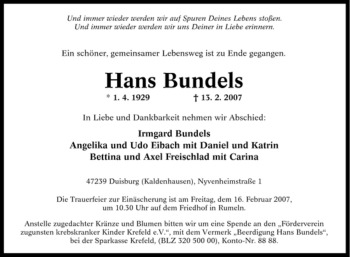 Traueranzeige von Hans Bundels von Tageszeitung