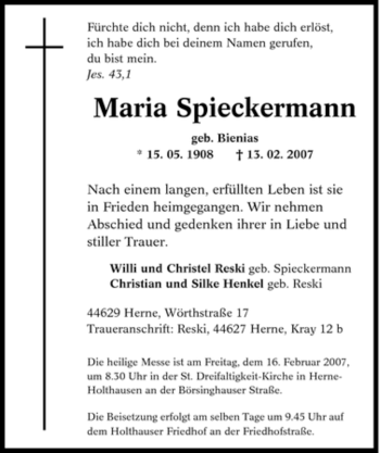 Traueranzeige von Maria Spieckermann von Tageszeitung
