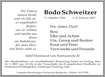 Traueranzeige von Bodo Schweitzer von Tageszeitung