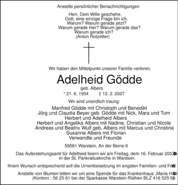 Traueranzeige von Adelheid Gödde von Tageszeitung