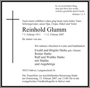Traueranzeige von Reinhold Glumm von Tageszeitung