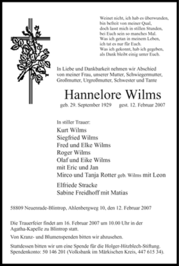 Traueranzeige von Hannelore Wilms von Tageszeitung