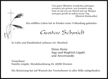 Traueranzeige von Gustav Schmidt von Tageszeitung