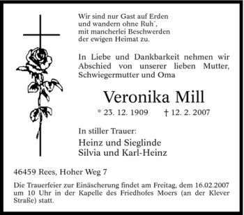 Traueranzeige von Veronika Mill von Tageszeitung