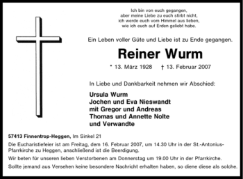 Traueranzeige von Reiner Wurm von Tageszeitung