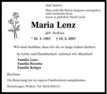Traueranzeige von Maria Lenz von Tageszeitung