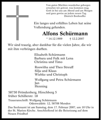 Traueranzeige von Alfons Schürmann von Tageszeitung
