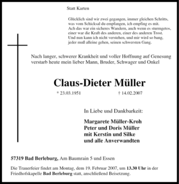Traueranzeige von Claus-Dieter Müller von Tageszeitung