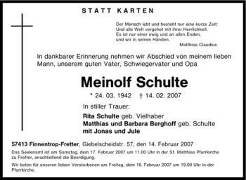 Traueranzeige von Meinolf Schulte von Tageszeitung