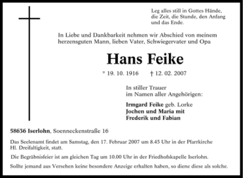 Traueranzeige von Hans Feike von Tageszeitung