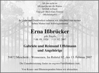 Traueranzeige von Erna Ißbrücker von Tageszeitung