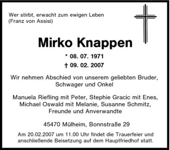 Traueranzeige von Mirko Knappen von Tageszeitung