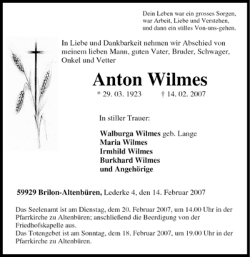Traueranzeige von Anton Wilmes von Tageszeitung